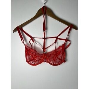 Red LG Floral Lace Cage Harness Bra Underwire Strappy T-Back Lingerie Romantic